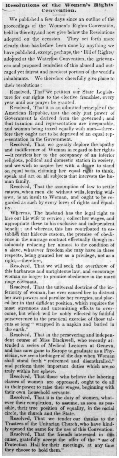 Newspaper article listing the resolutions passed at the Woman's Rights Convention.
